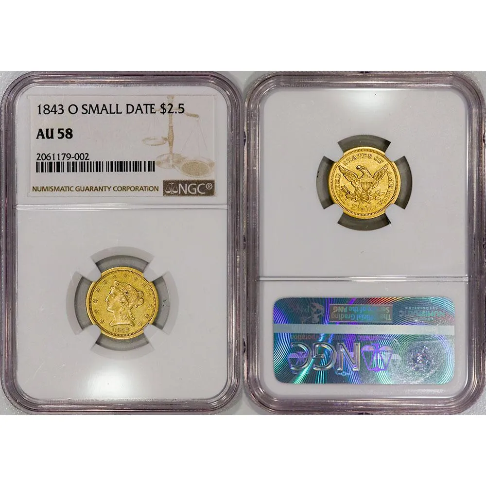 1843-O Small Date $2.5 Liberty - NGC AU 58 - New Orleans Gold