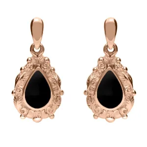 18ct Rose Gold Whitby Jet Pear Shaped Leaf Drop Earrings