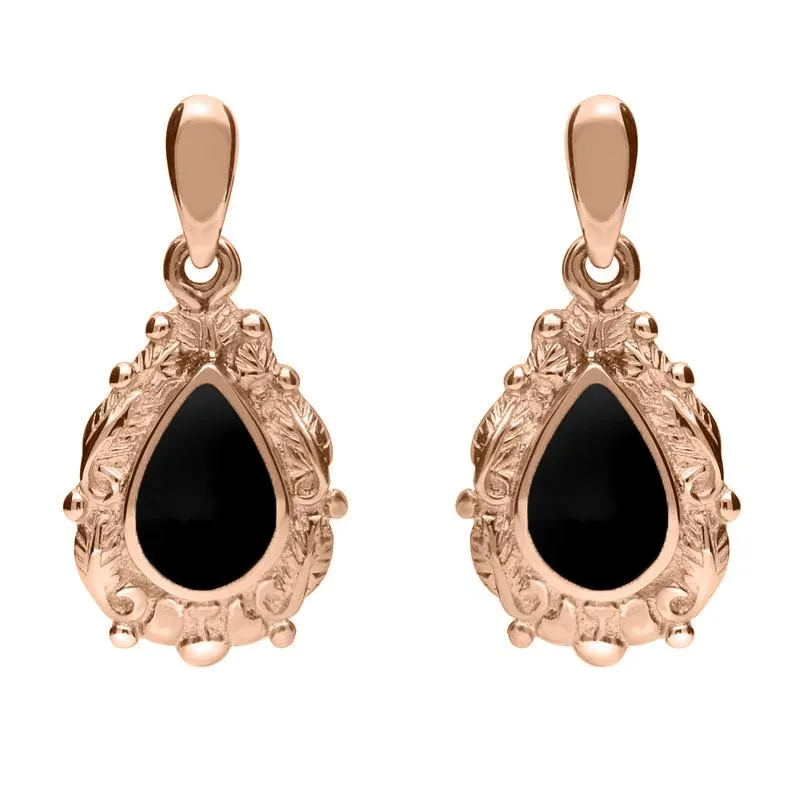 18ct Rose Gold Whitby Jet Pear Shaped Leaf Drop Earrings