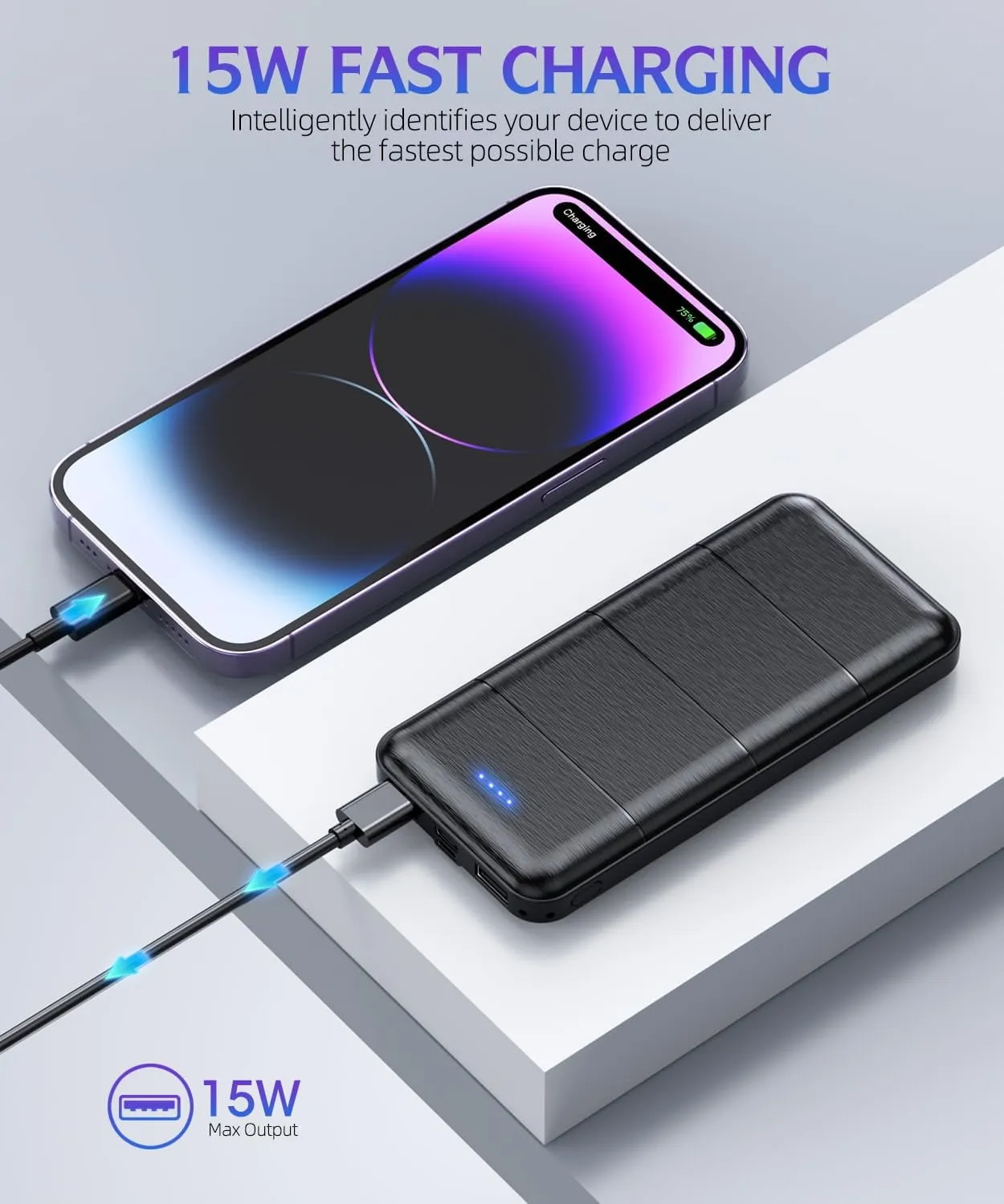 2 Pack Power Bank Charger,15000mAh for Each, 15W Fast Charging Portable Charger,Compatible with Smartphones and All USB Devices (Deep Black and White)