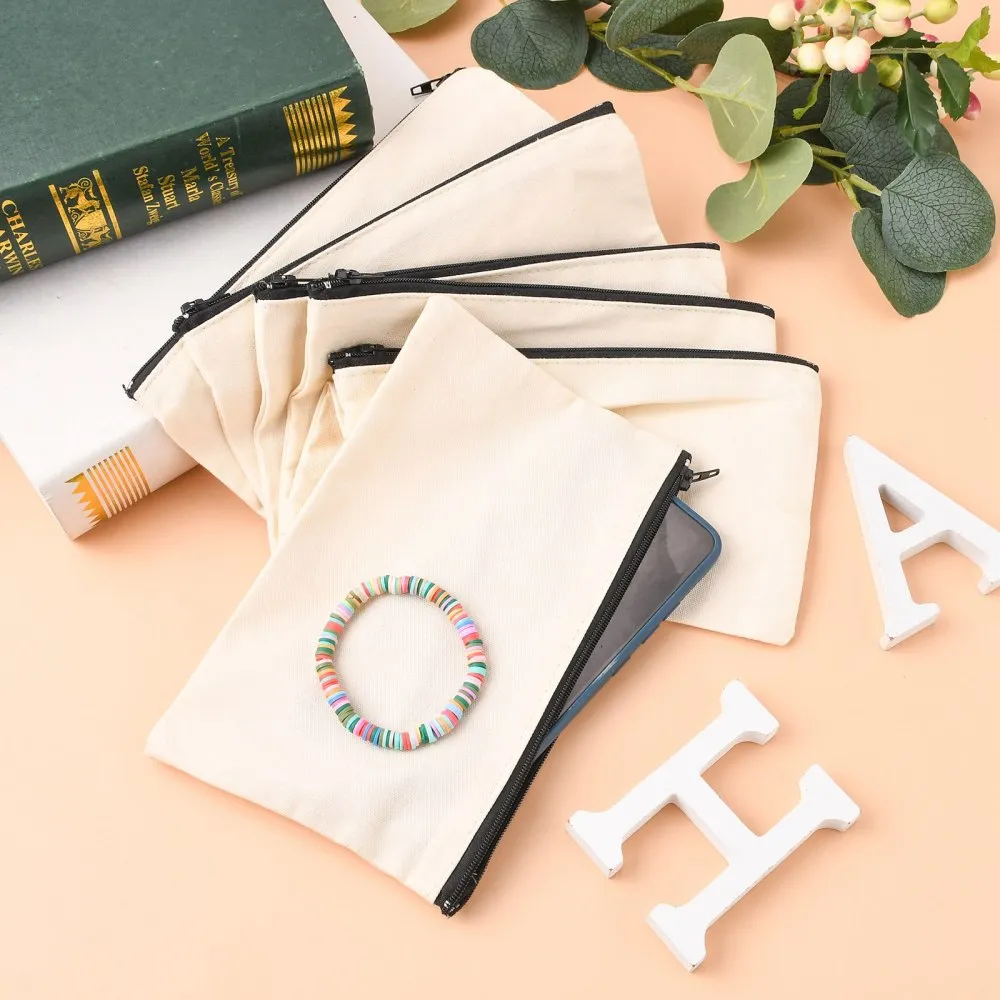20 pc Blank DIY Craft Bag Canvas Pencil Pouch, with Black Zipper, Cosmetic Bag Multipurpose Travel Toiletry Pouch, Floral White, 12.2x20.3cm