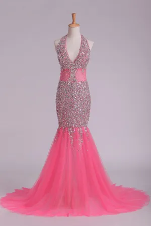 2024 Halter Prom Dresses Mermaid/Trumpet Tulle With Beading