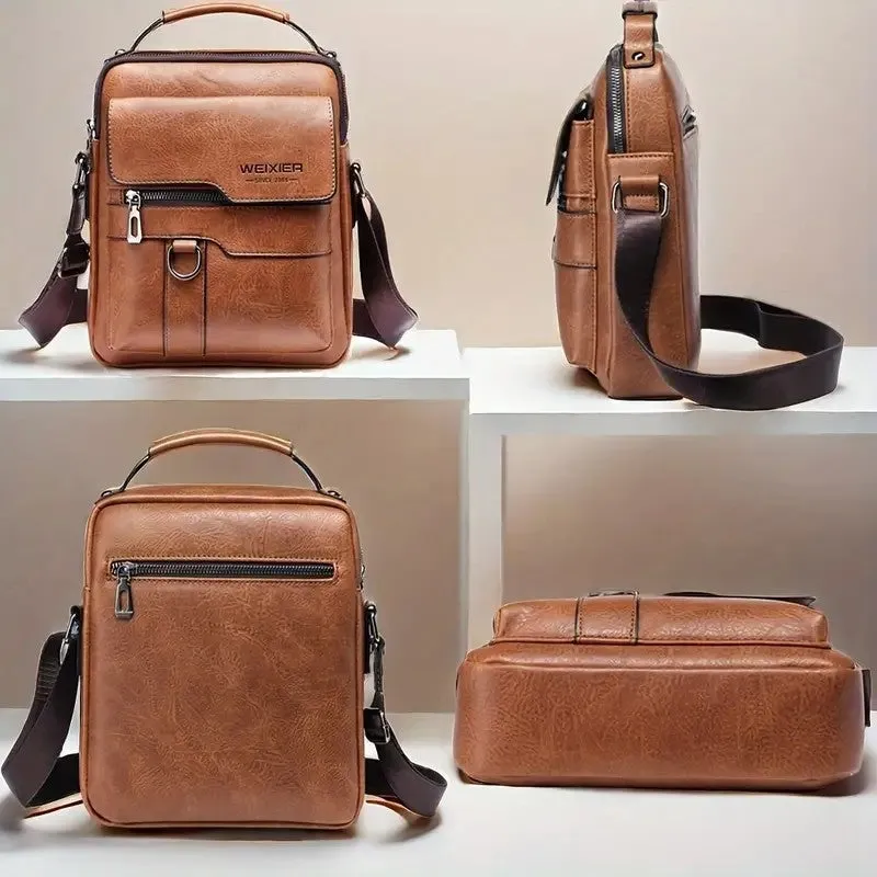 (20x25cm) Men's Leather Shoulder Bag Fashion Crossbody Business Bag - Black