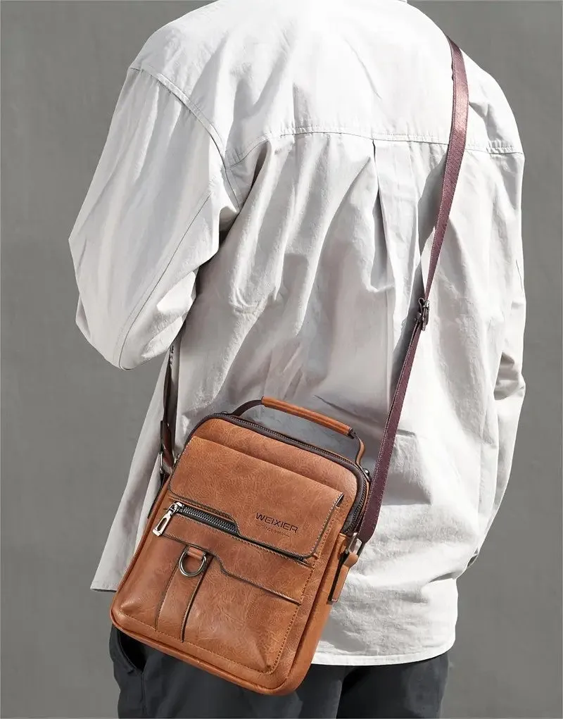 (20x25cm) Men's Leather Shoulder Bag Fashion Crossbody Business Bag - Black