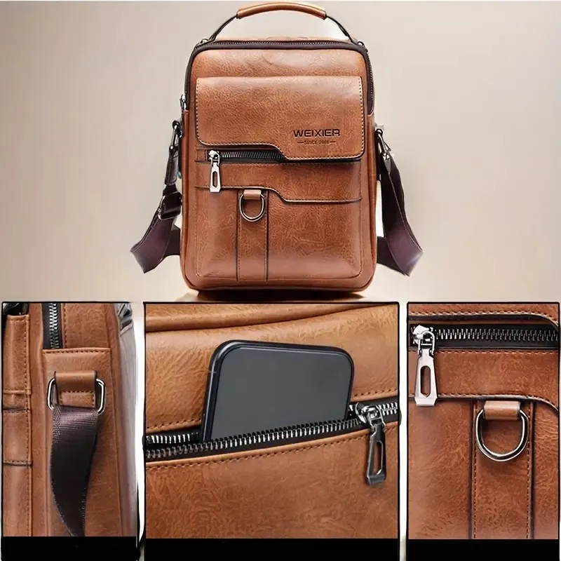 (20x25cm) Men's Leather Shoulder Bag Fashion Crossbody Business Bag - Black