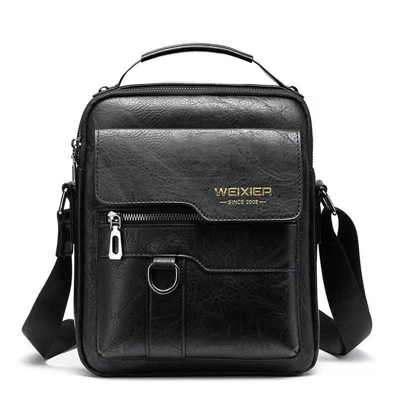 (20x25cm) Men's Leather Shoulder Bag Fashion Crossbody Business Bag - Black