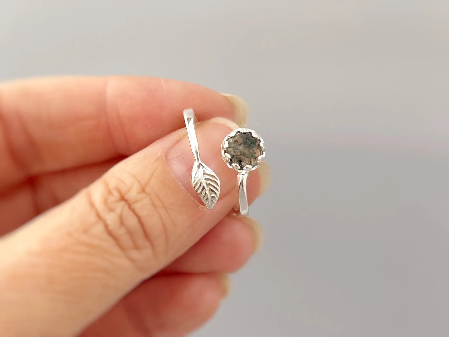 Adjustable Moss Agate Leaf Ring