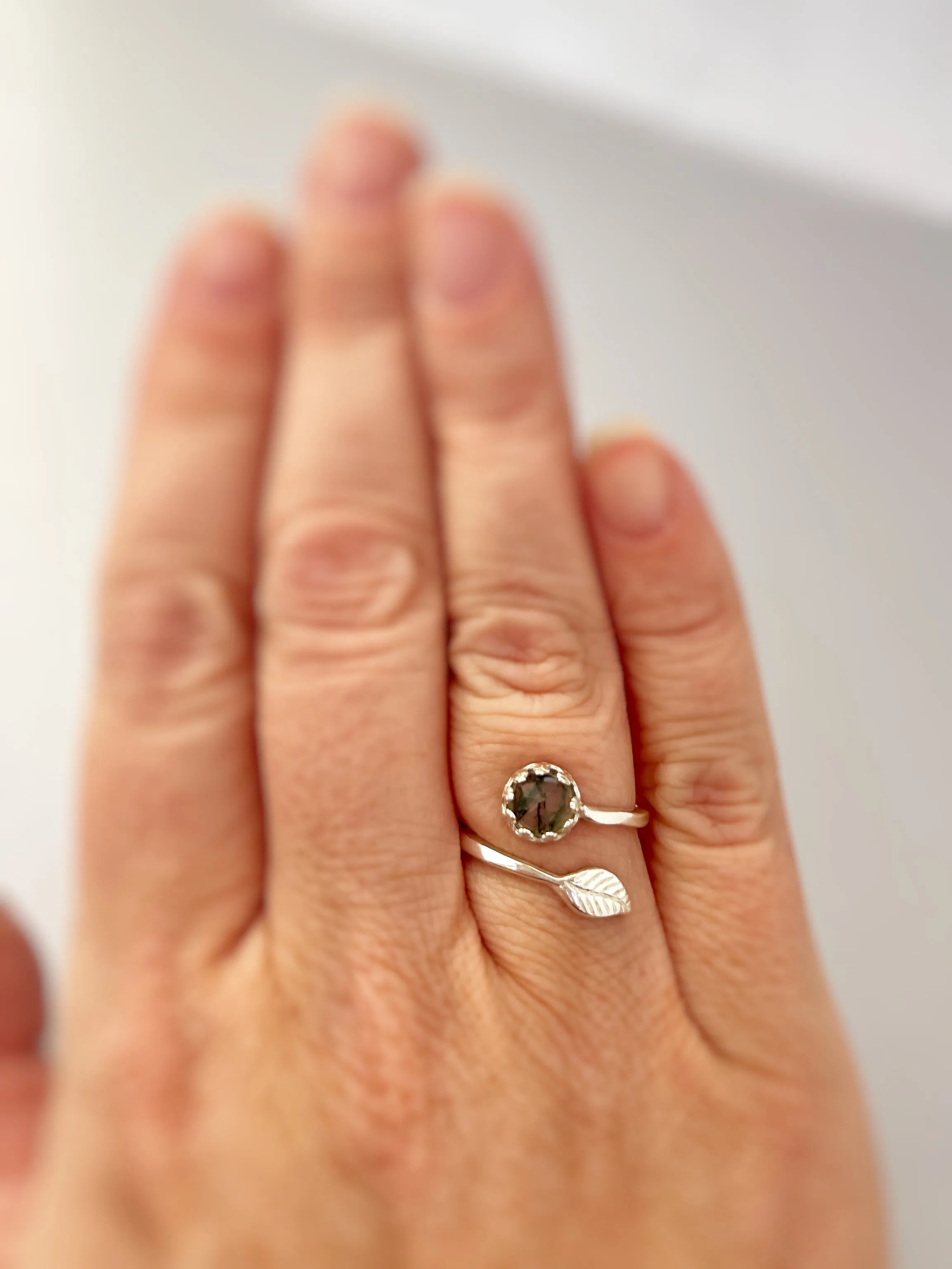 Adjustable Moss Agate Leaf Ring