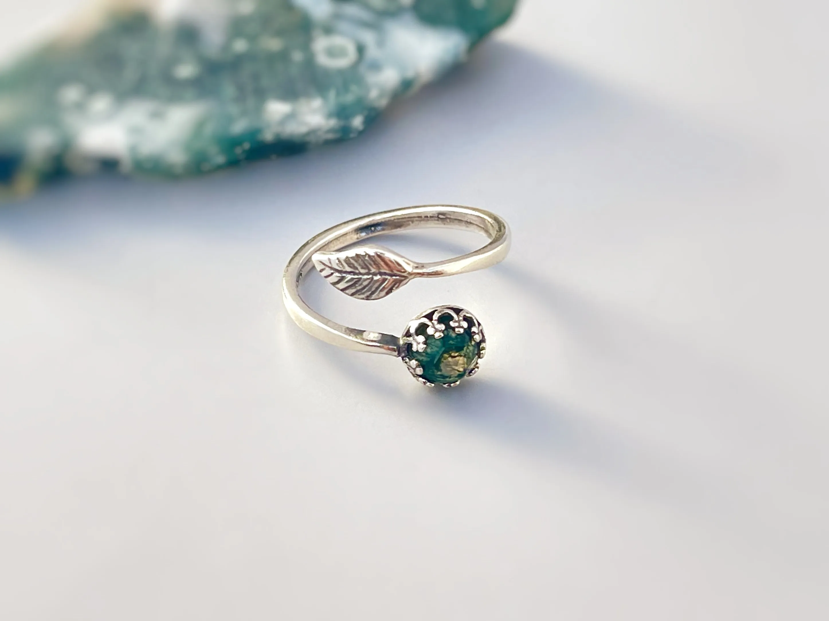 Adjustable Moss Agate Leaf Ring