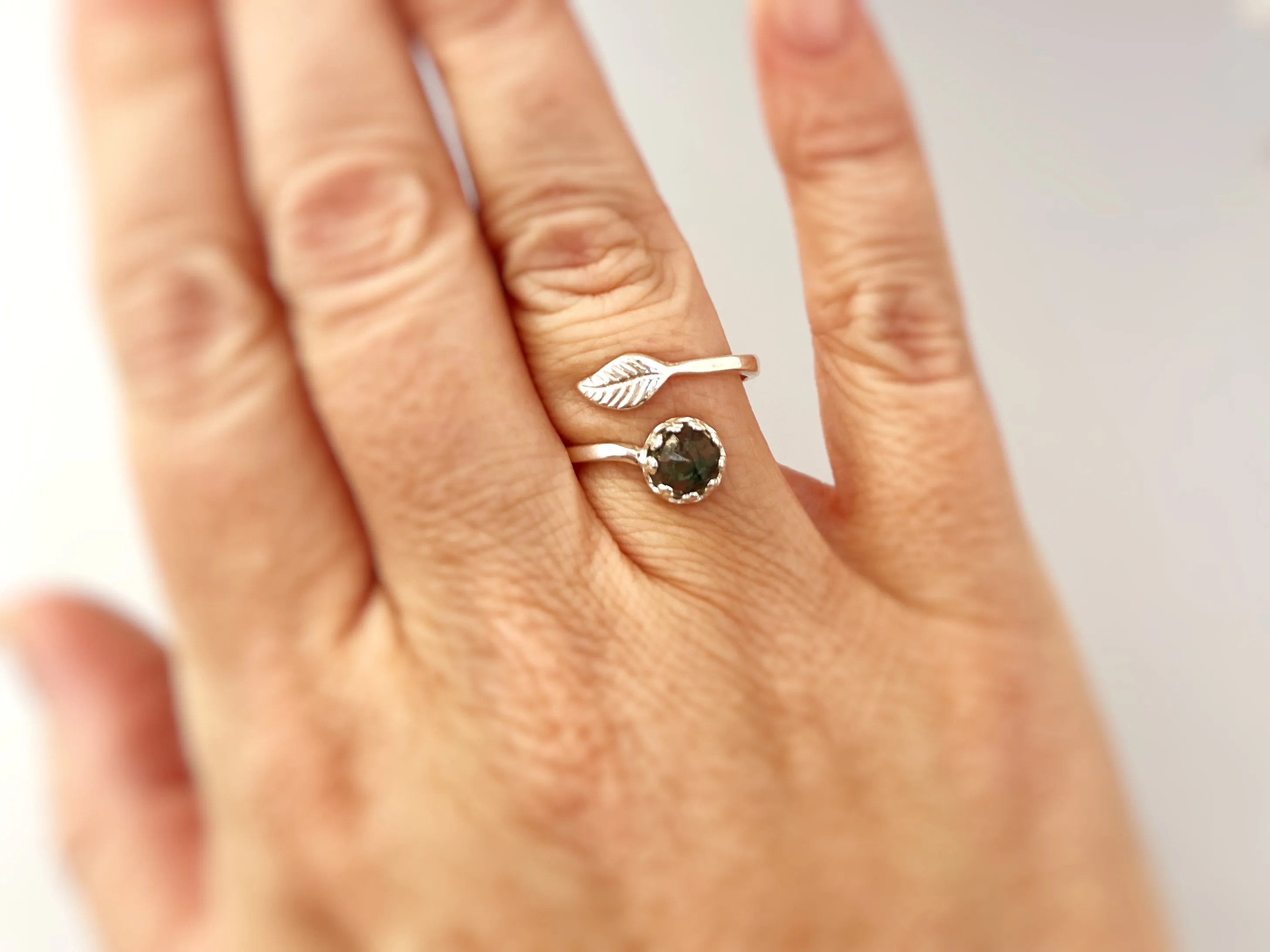 Adjustable Moss Agate Leaf Ring