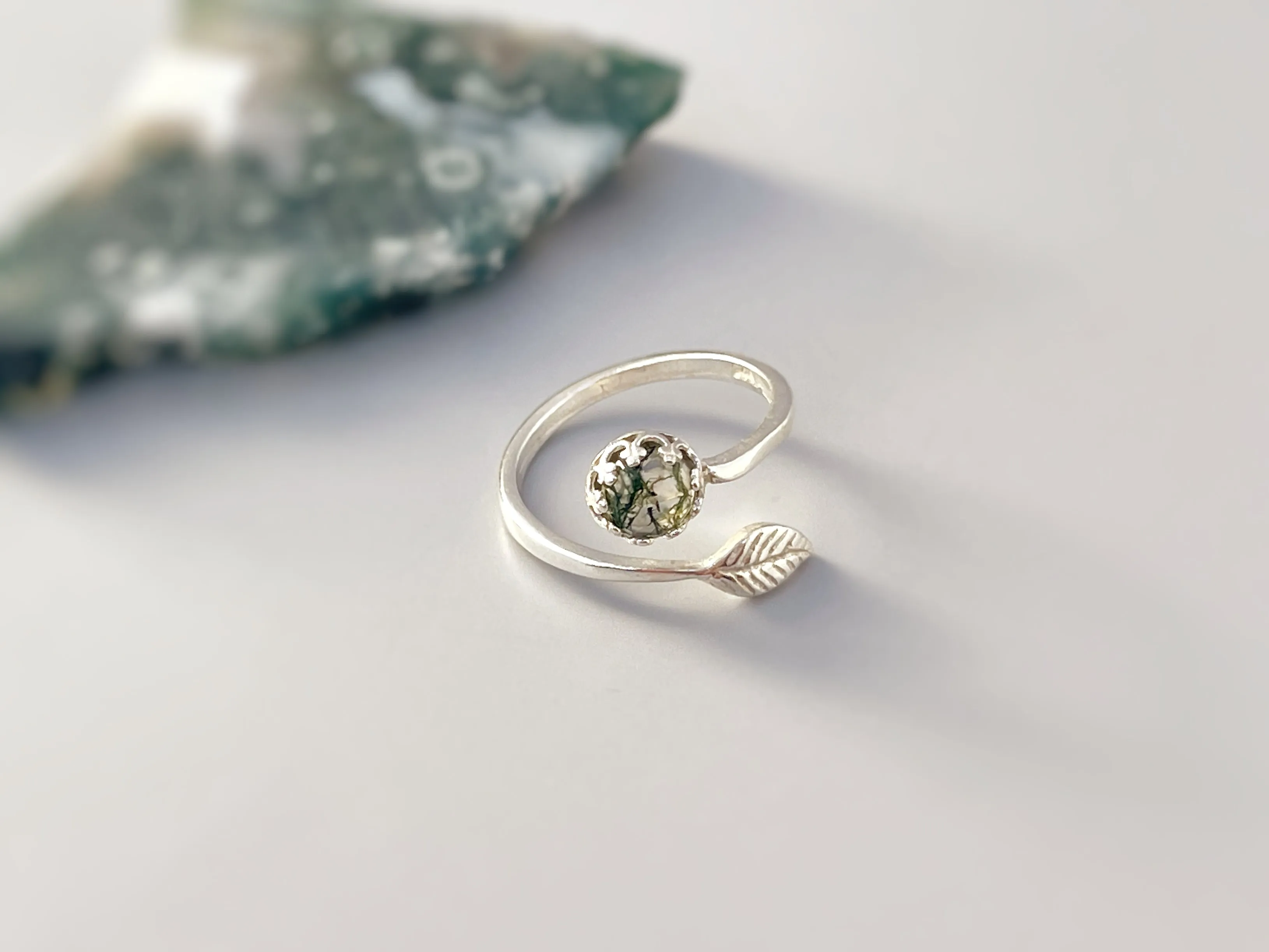 Adjustable Moss Agate Leaf Ring