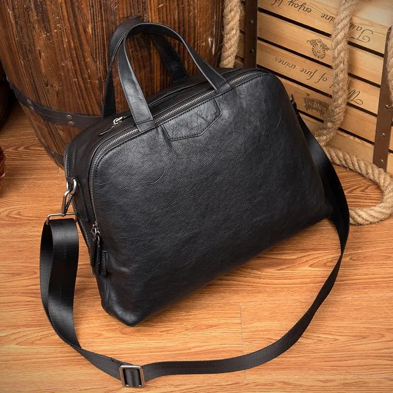 Black Cool Leather 14 inches Shoulder Bag Travel Bags Handbags Luggage Bag for Men