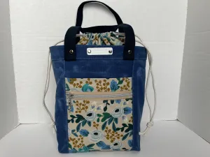 Blue Floral Themed Project Bag, Firefly Tote, Waxed Canvas