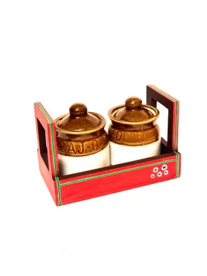Bright Red Colored Tray With 2 Ceramic Pickle Jars Handmade Tamrapatra