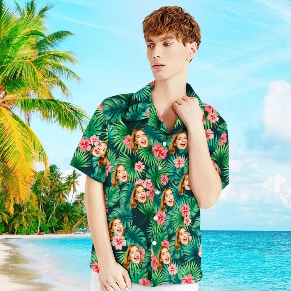 Custom Tropical Shirts Custom Pet Face Hawaiian Shirt Leaves & Flowers Shirt