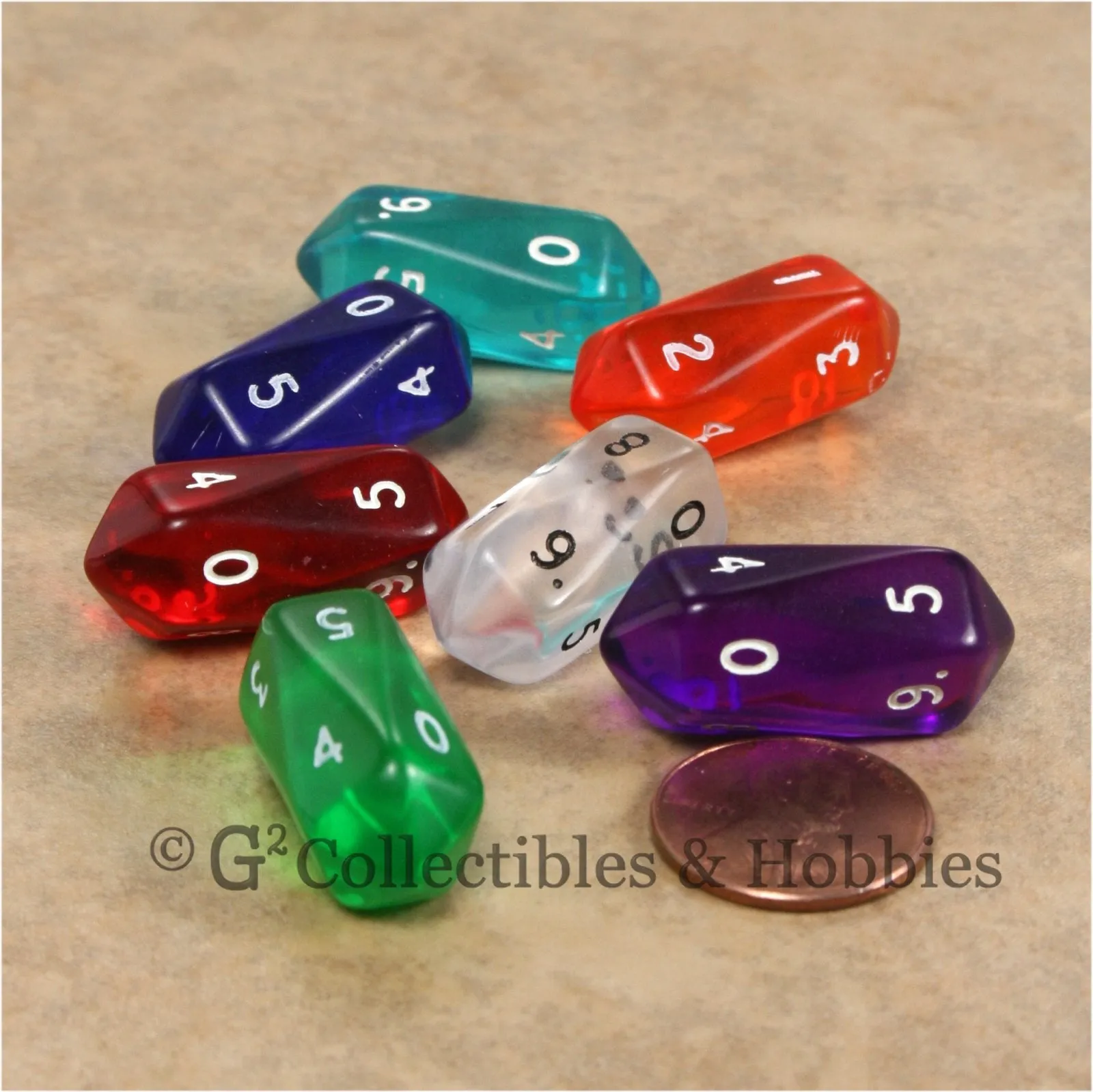 D10 Crystal Transparent Dice 7pc Set - 7 Colors