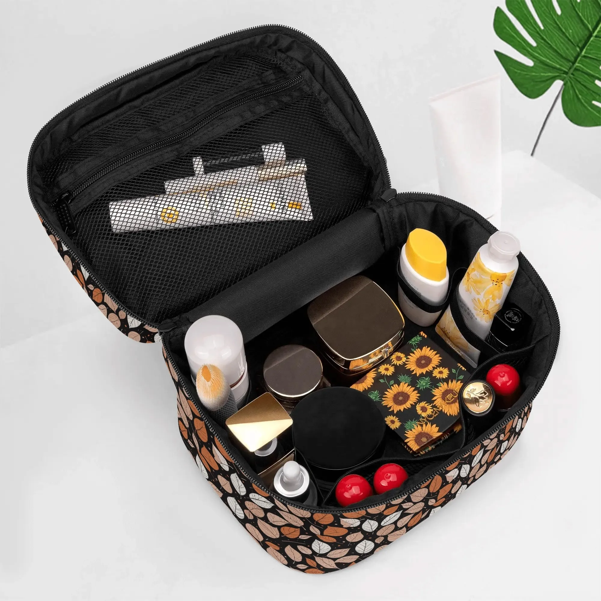 Dark Leaves Leather Cosmetic Bag