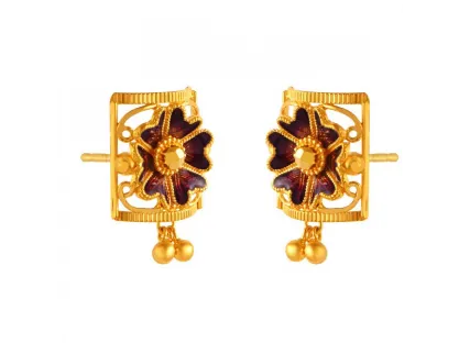 Distinctively Designed Flower Shape 22k Gold Earrings In Meenakari Style