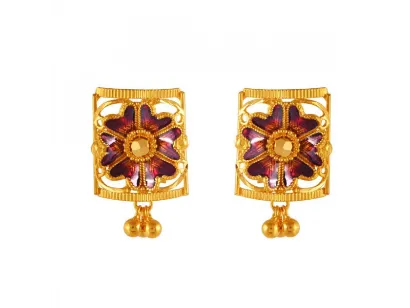 Distinctively Designed Flower Shape 22k Gold Earrings In Meenakari Style