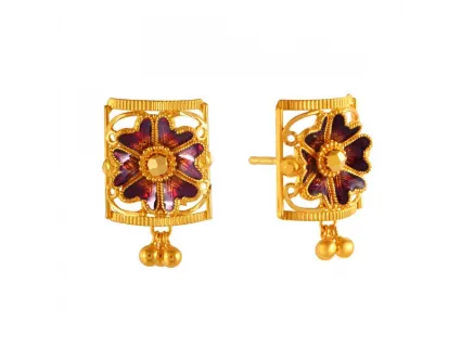Distinctively Designed Flower Shape 22k Gold Earrings In Meenakari Style
