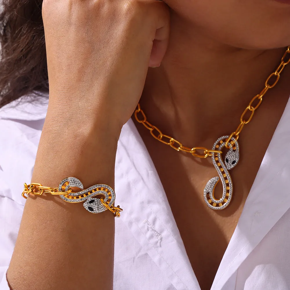 Elegant French Style Titanium Steel Jewelry Set with Zircon Snake Pendant