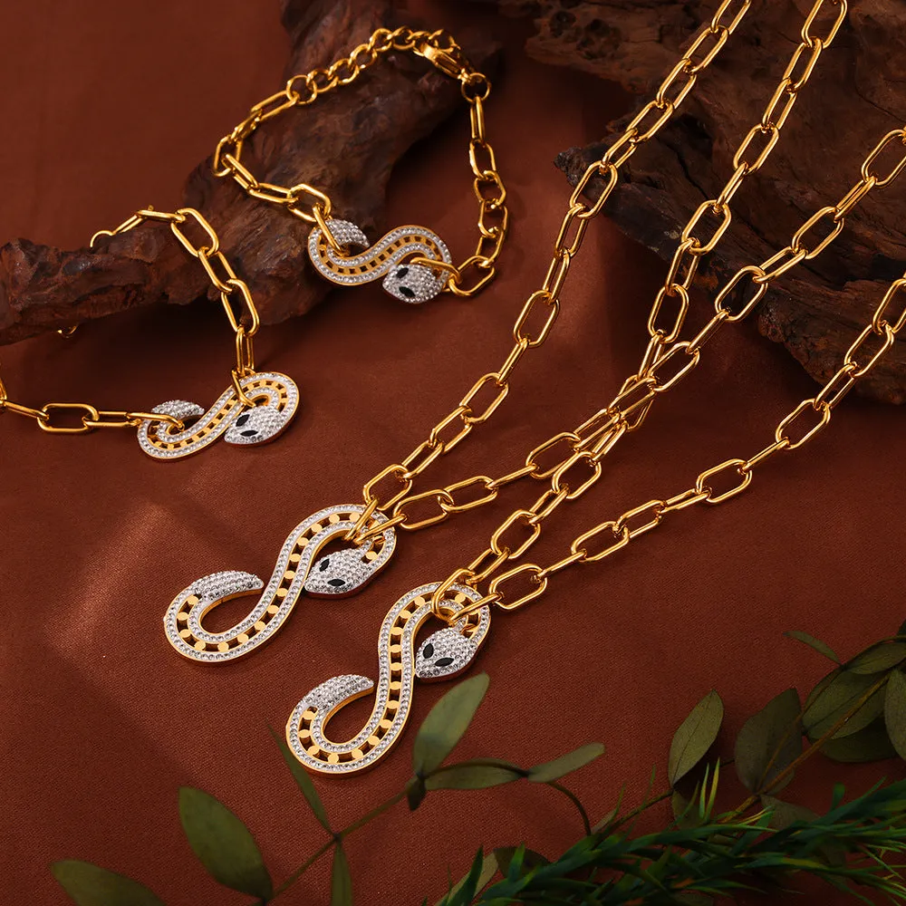 Elegant French Style Titanium Steel Jewelry Set with Zircon Snake Pendant