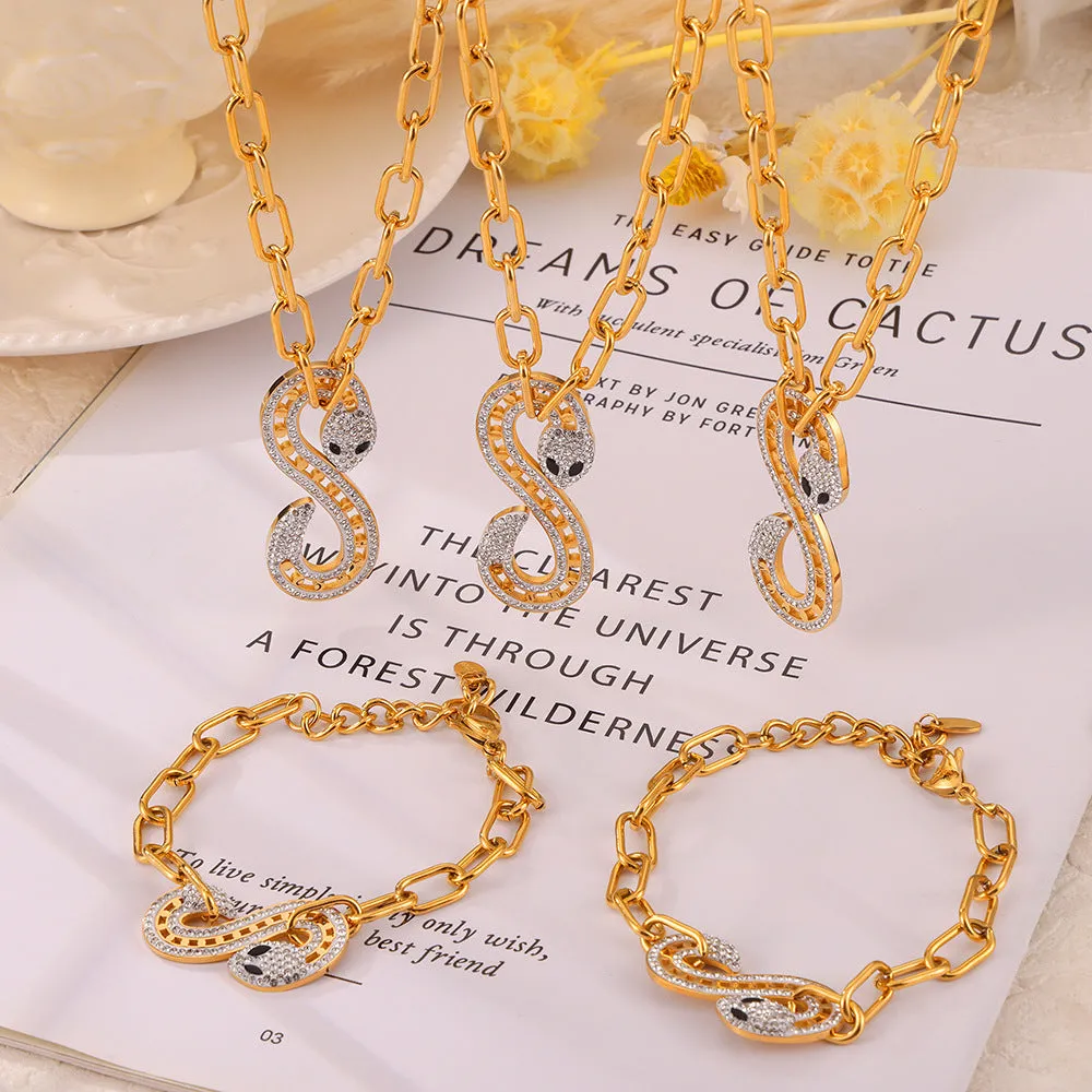 Elegant French Style Titanium Steel Jewelry Set with Zircon Snake Pendant