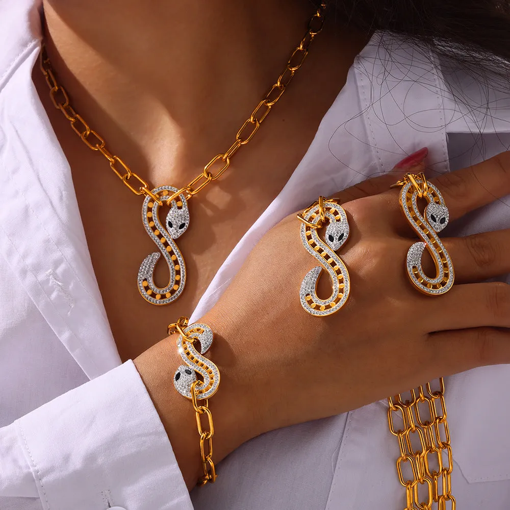 Elegant French Style Titanium Steel Jewelry Set with Zircon Snake Pendant