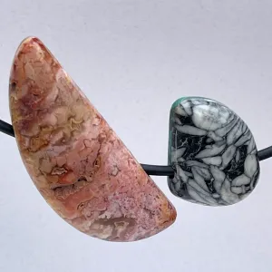 Feather ridge plume agate, congo malachite, purple jade and pinolith pendant