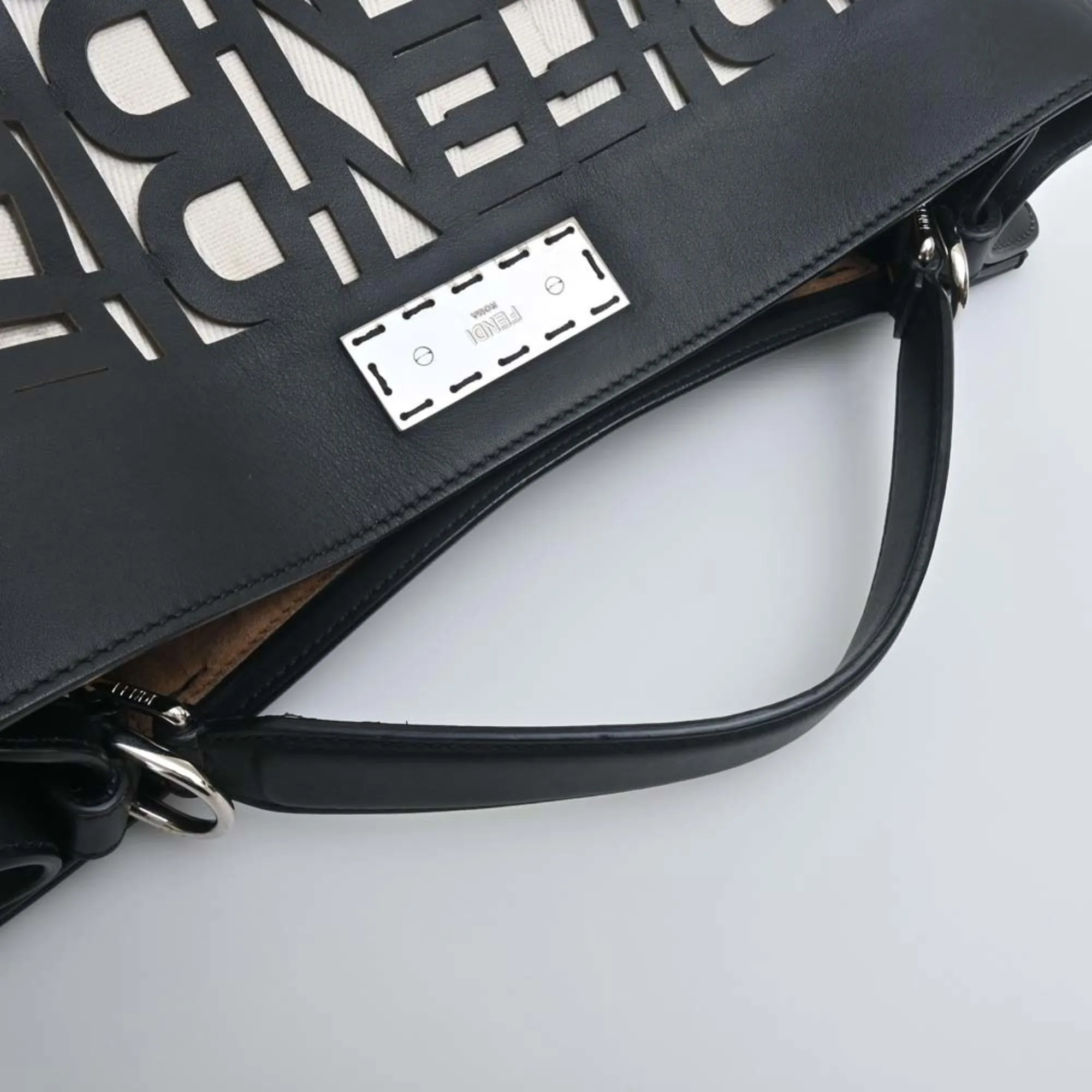 FENDI Leather Canvas Peekaboo X-Rite Shoulder Bag 7V47 Black Natural Ladies