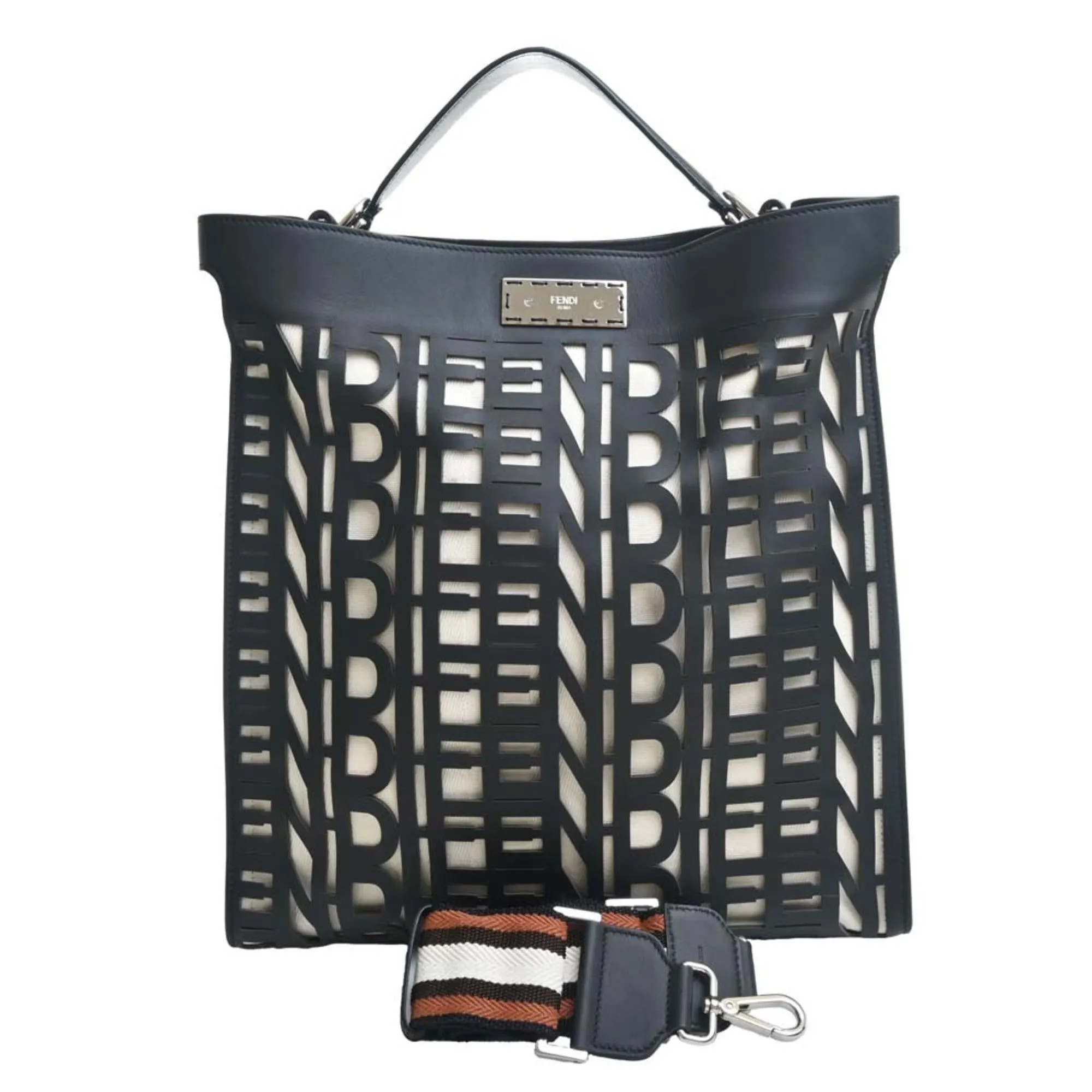 FENDI Leather Canvas Peekaboo X-Rite Shoulder Bag 7V47 Black Natural Ladies