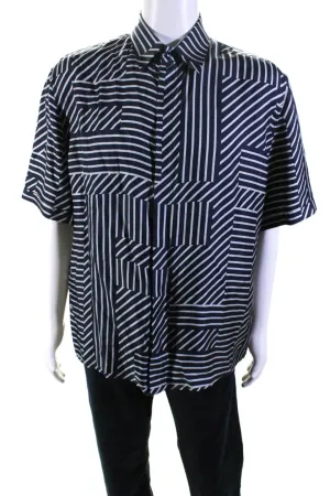 Fendi Mens Short Sleeve Striped Silk Satin Button Up Shirt Navy Blue