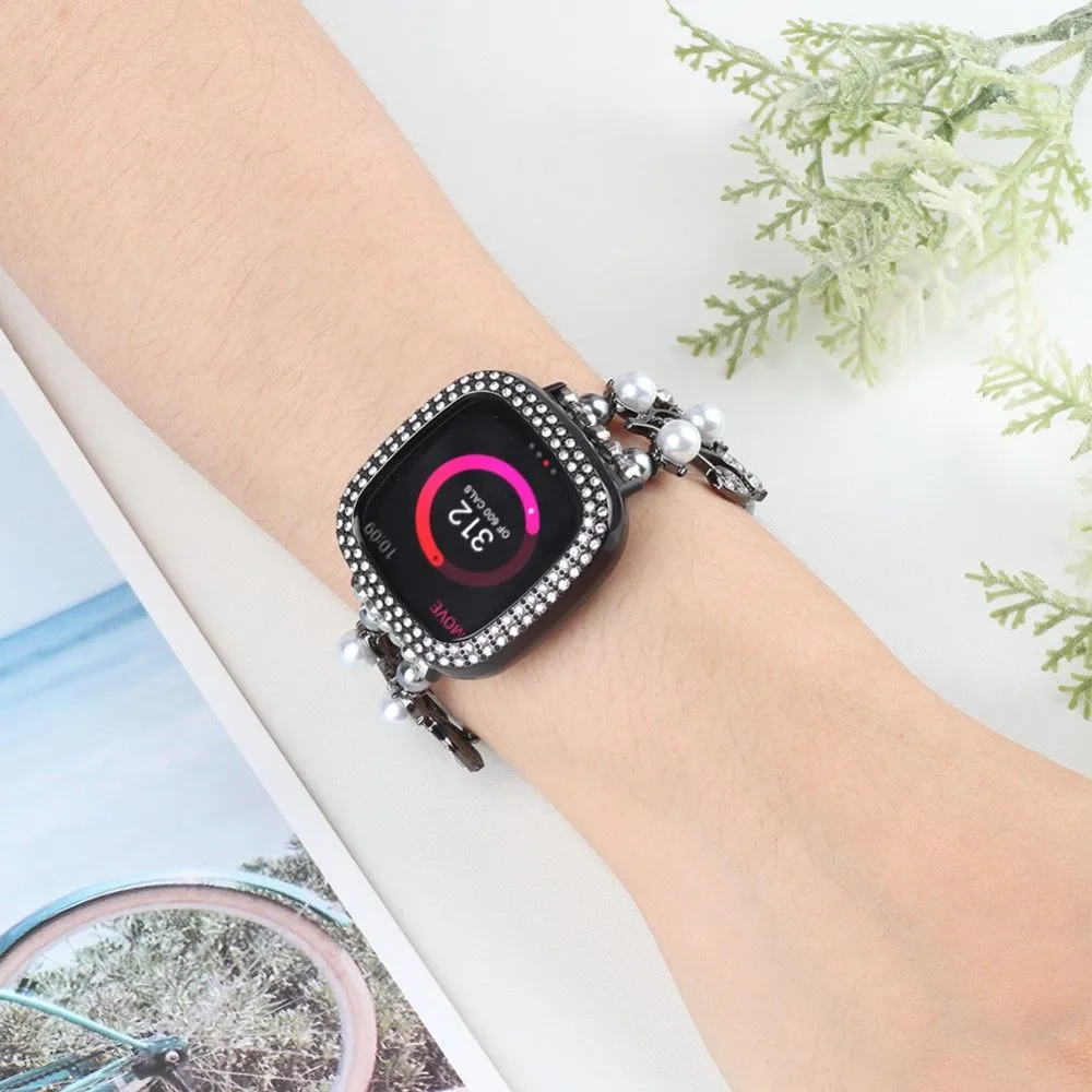 Fitbit Versa 3 rhinestone flower shaped orbs watch strap - Black