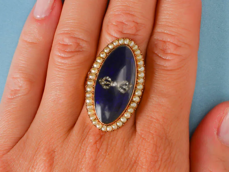 Georgian Diamond, Pearl Blue Enamel Ring c. 1790