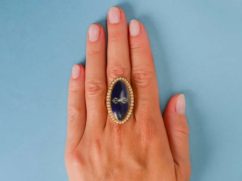 Georgian Diamond, Pearl Blue Enamel Ring c. 1790