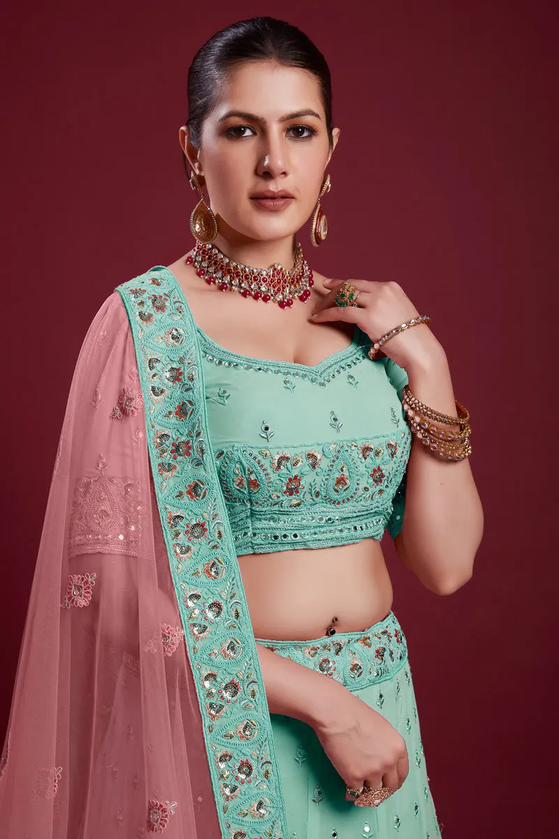 Glamorous Georgette Cyan Color Lehenga With Zarkan Work