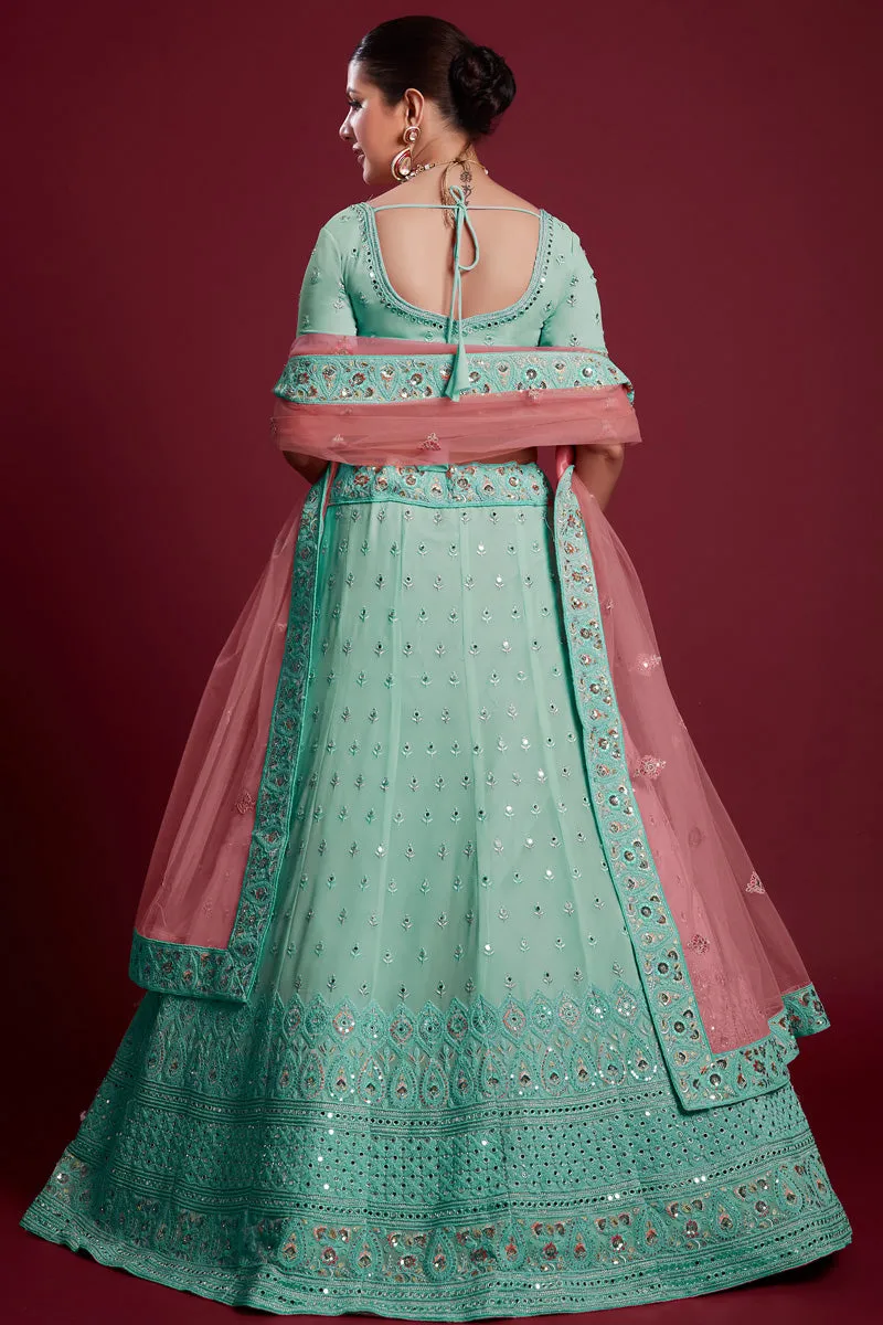 Glamorous Georgette Cyan Color Lehenga With Zarkan Work