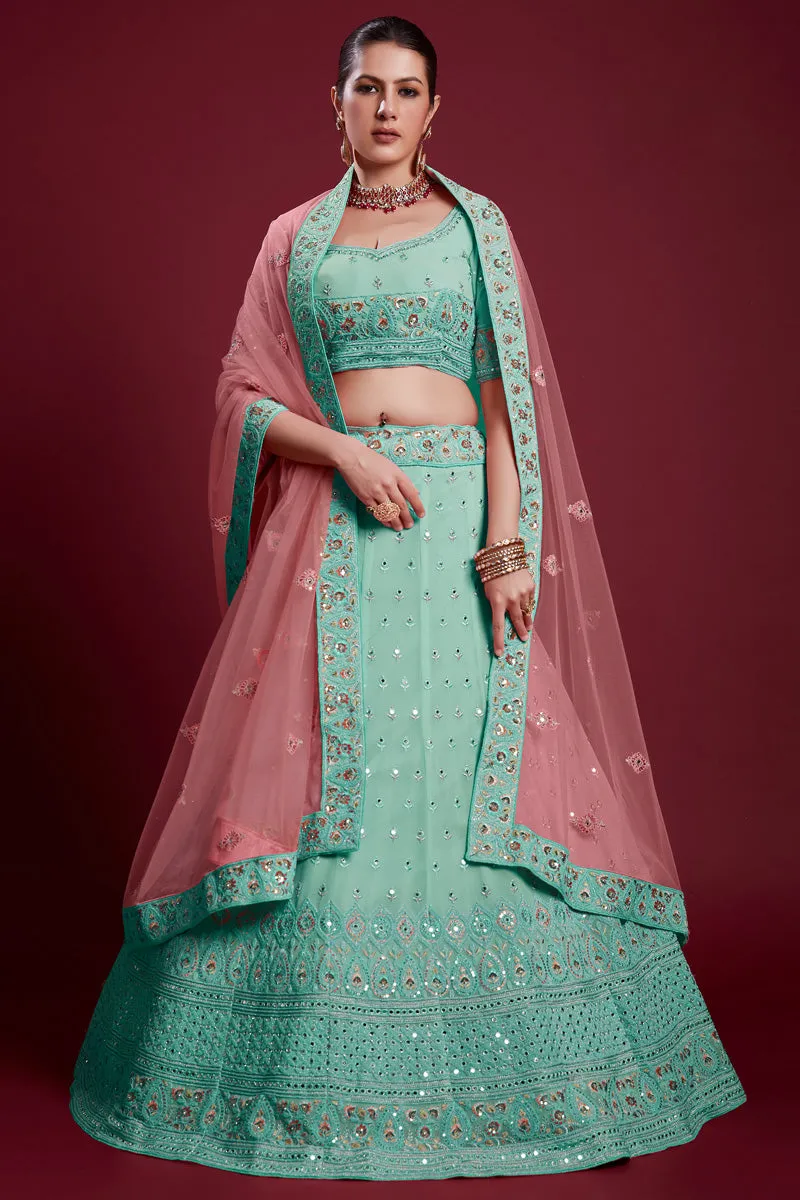 Glamorous Georgette Cyan Color Lehenga With Zarkan Work