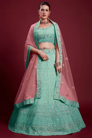 Glamorous Georgette Cyan Color Lehenga With Zarkan Work