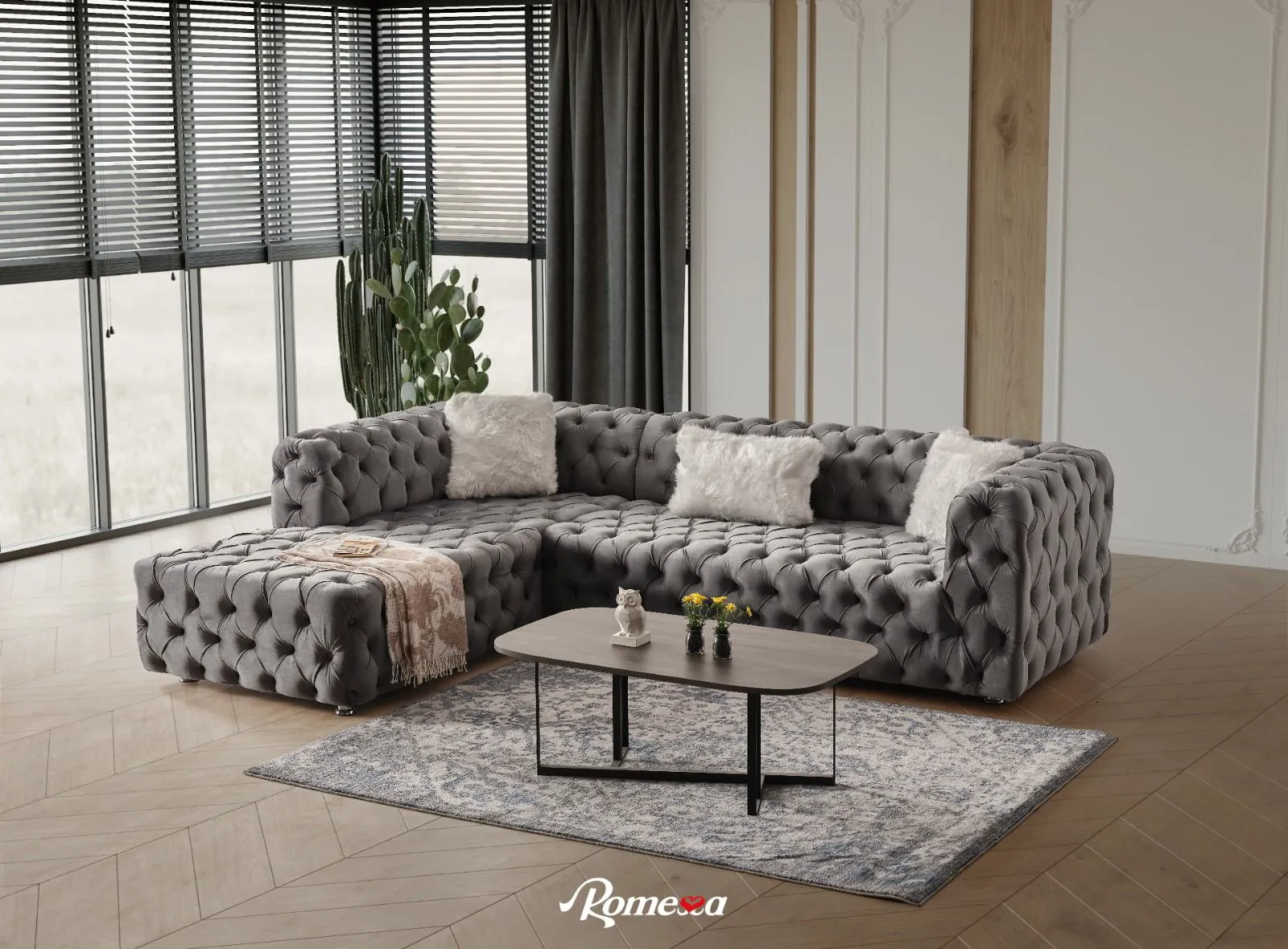 Grey Velvet Tufted Sectional- Includes Throw Pillows - Model Romena
