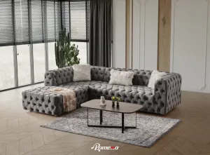 Grey Velvet Tufted Sectional- Includes Throw Pillows - Model Romena