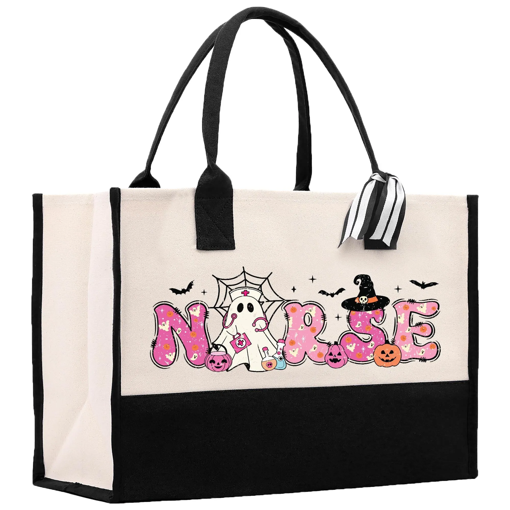 Halloween Trick or Treat Tote Bag Halloween Bag for Kids Halloween Gift Halloween Candy Bag Halloween Doodles Cute Canvas Tote Bag (HW1026)