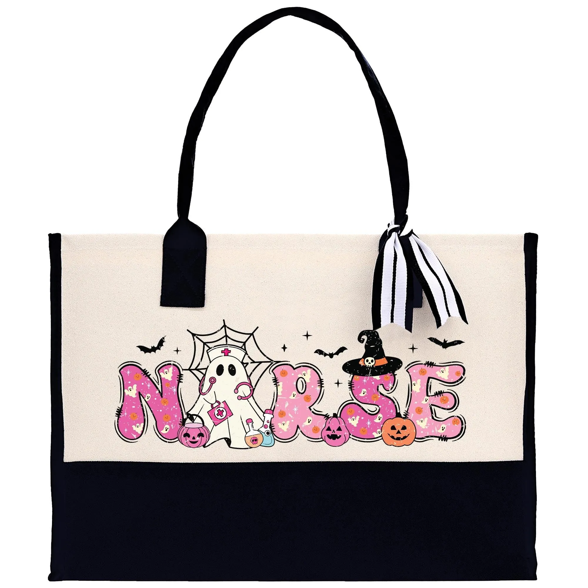 Halloween Trick or Treat Tote Bag Halloween Bag for Kids Halloween Gift Halloween Candy Bag Halloween Doodles Cute Canvas Tote Bag (HW1026)