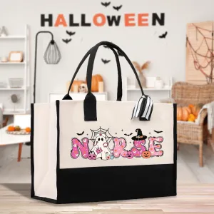Halloween Trick or Treat Tote Bag Halloween Bag for Kids Halloween Gift Halloween Candy Bag Halloween Doodles Cute Canvas Tote Bag (HW1026)