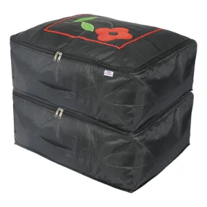 Heart Home Polyester Clothes Storage Bag for Travel|Moisture Proof & Foldable|Flower Pattern Wardrobe Organizer Large Size|Pack of 2 (Black)