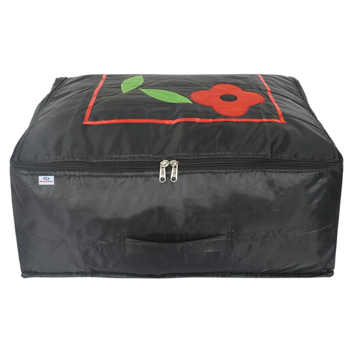 Heart Home Polyester Clothes Storage Bag for Travel|Moisture Proof & Foldable|Flower Pattern Wardrobe Organizer Large Size|Pack of 3 (Black)