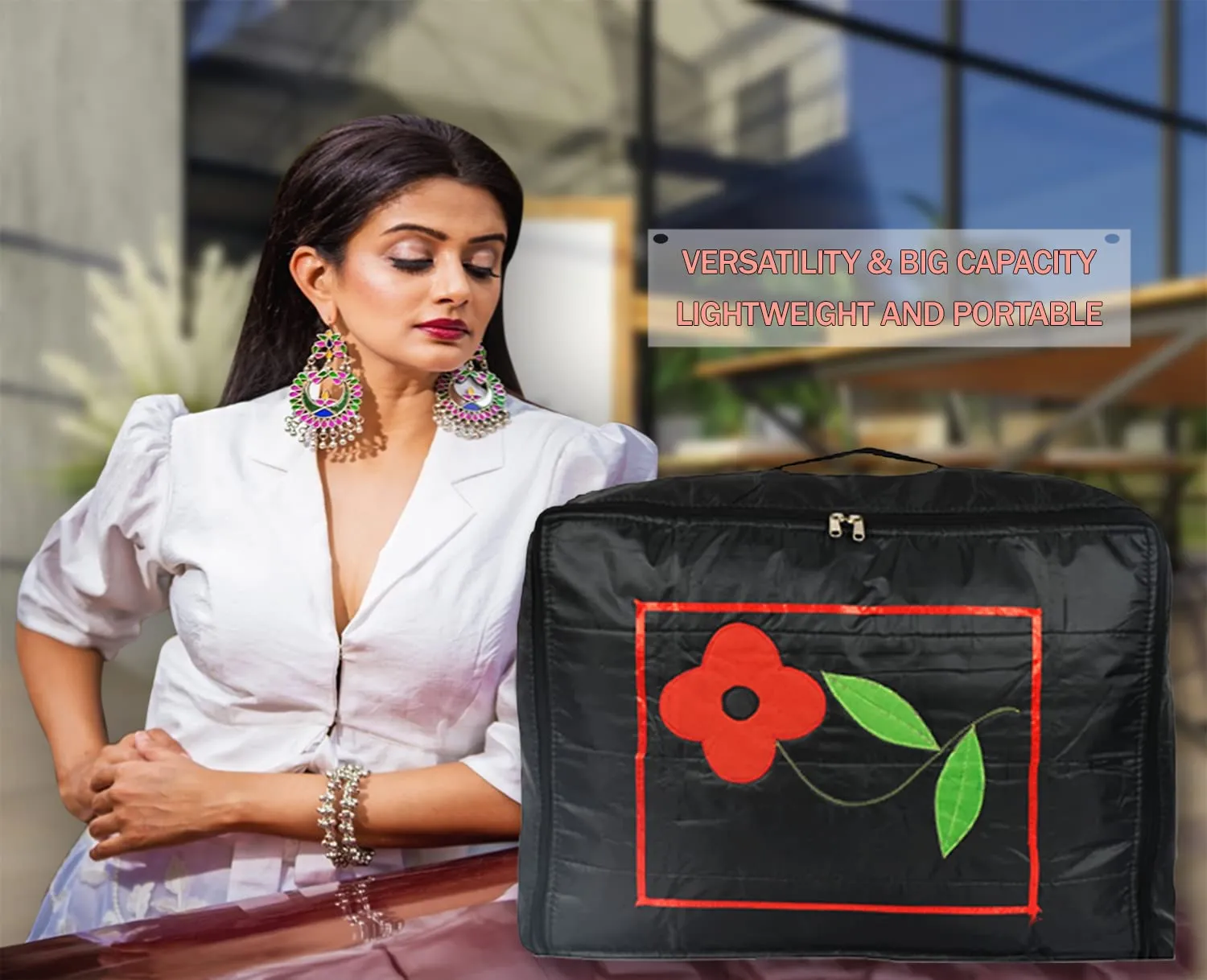 Heart Home Polyester Clothes Storage Bag for Travel|Moisture Proof & Foldable|Flower Pattern Wardrobe Organizer Large Size|Pack of 3 (Black)
