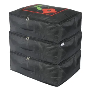 Heart Home Polyester Clothes Storage Bag for Travel|Moisture Proof & Foldable|Flower Pattern Wardrobe Organizer Large Size|Pack of 3 (Black)