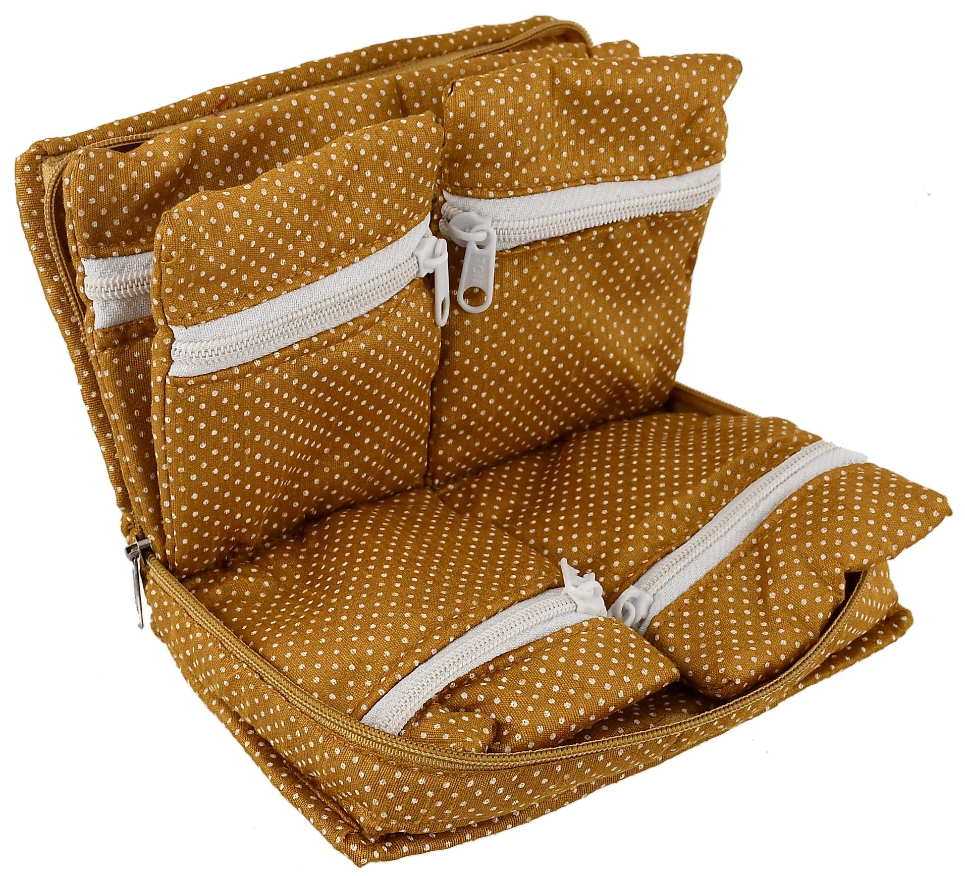 Heart Home Cotton Multipurpose 7 Pocket Dot Printed Jewellery Storage Bag Pouch/Travel Kit Organizer (Gold)-HHEART15439