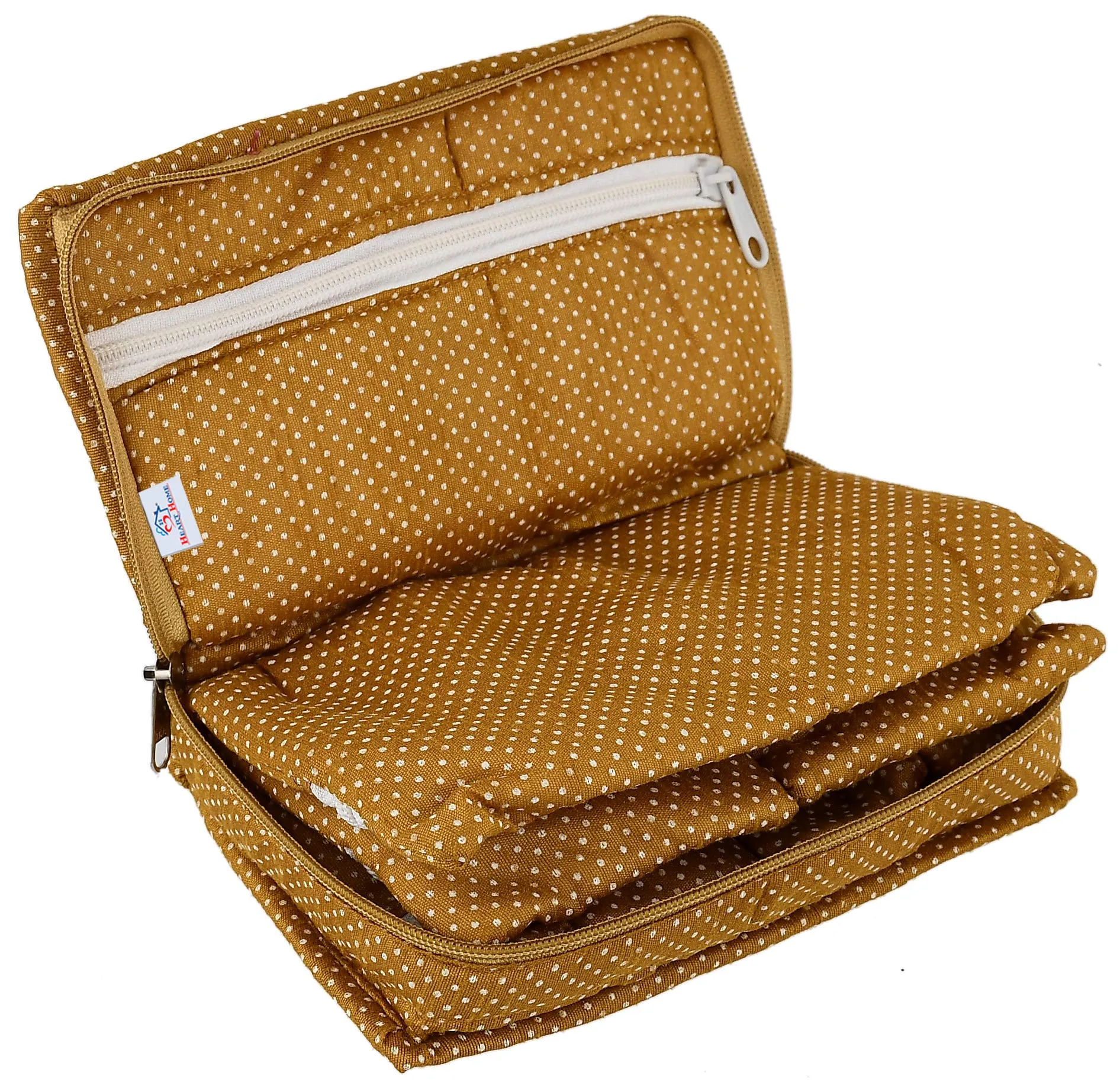 Heart Home Cotton Multipurpose 7 Pocket Dot Printed Jewellery Storage Bag Pouch/Travel Kit Organizer (Gold)-HHEART15439